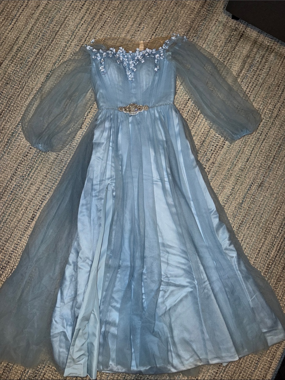 Girls Light Blue Tulle Party Dress with Embellished Waist
